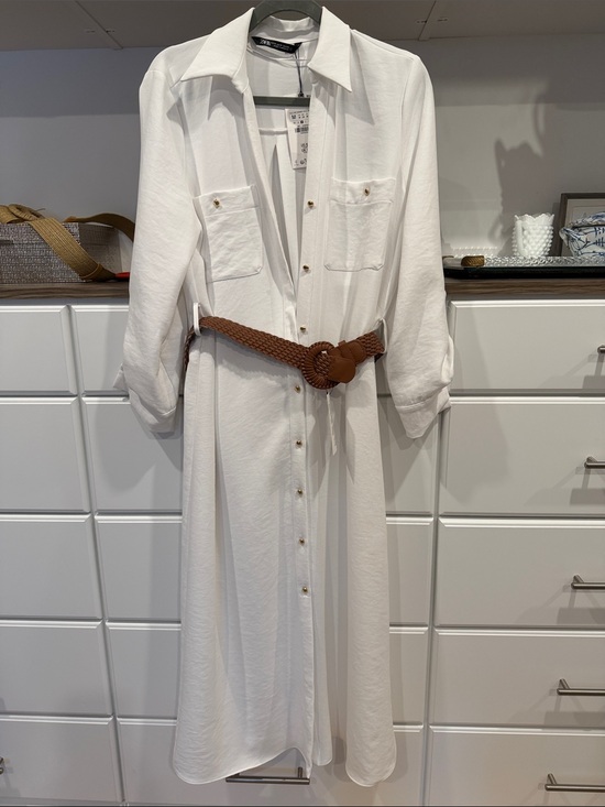 Zara Dresses & Skirts - Zara White Button-Front Maxi Shirt Dress with Brown Braided Belt